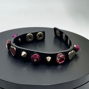 Betsey Johnson Pink Rhinestone Heart and Flower Black Leather Cone Snap Bracelet
